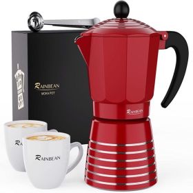 Moka Pot 6 Cup Set, 11 oz / 300ml Stovetop Espresso Maker, Italian Cuban Greca Coffee, Aluminum Ripple Ring Design - Easy To Use & Clean (Red, Perfect