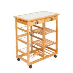 Kitchen & Dining Room Cart 2-Drawer Removable Storage Rack with Rolling Wheels Wood Color